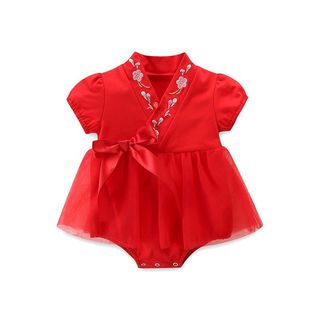 Bộ váy & giày đỏ Trung Quốc cho bé gái - Áo liền quần Qipao thêu hoa mềm mại mượt cho các dịp lễ hội (0-24M)