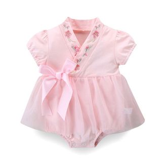 Bộ váy & giày đỏ Trung Quốc cho bé gái - Áo liền quần Qipao thêu hoa mềm mại mượt cho các dịp lễ hội (0-24M)