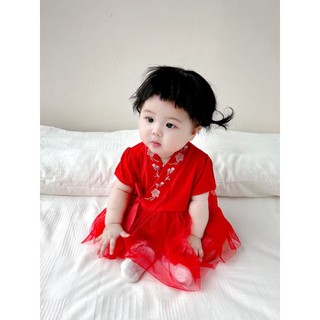 Bộ váy & giày đỏ Trung Quốc cho bé gái - Áo liền quần Qipao thêu hoa mềm mại mượt cho các dịp lễ hội (0-24M)