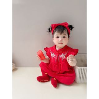 Váy Qipao đỏ Trung Quốc có băng đô cho bé gái sơ sinh - Bộ thêu hoa mềm mượt cho các dịp lễ hội (0-24m)