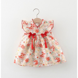 Váy Qipao hoa Trung Quốc có băng đô cho bé gái sơ sinh - Váy tay xù mềm mượt có nơ đỏ & tua rua (0-24M)