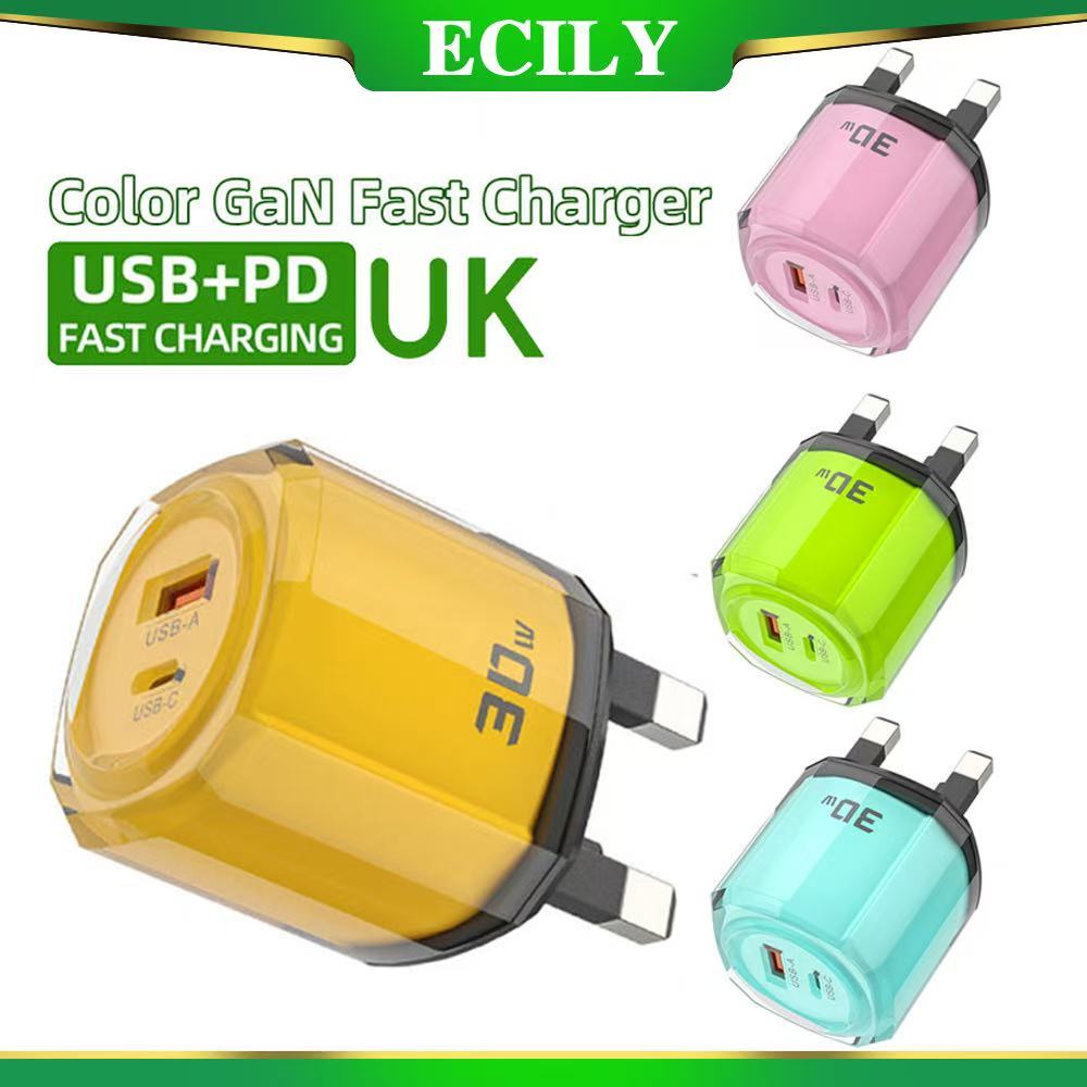 ECILY 2 Cổng PD GaN Sạc USB Loại C Sạc Nhanh Cho Điện Thoại Di Động UK Cắm Tường Sạc