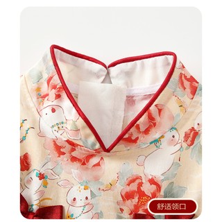 Váy Qipao hoa Trung Quốc có băng đô cho bé gái sơ sinh - Váy tay xù mềm mượt có nơ đỏ & tua rua (0-24M)