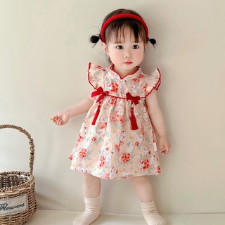 Váy Qipao hoa Trung Quốc có băng đô cho bé gái sơ sinh - Váy tay xù mềm mượt có nơ đỏ & tua rua (0-24M)
