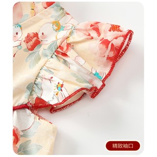 Váy Qipao hoa Trung Quốc có băng đô cho bé gái sơ sinh - Váy tay xù mềm mượt có nơ đỏ & tua rua (0-24M)