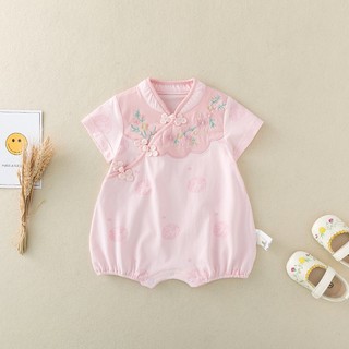 Áo liền quần Qipao Trung Quốc màu hồng cho bé gái sơ sinh - Onesie thêu hoa mềm mại mượt có nút ếch (0-24M)