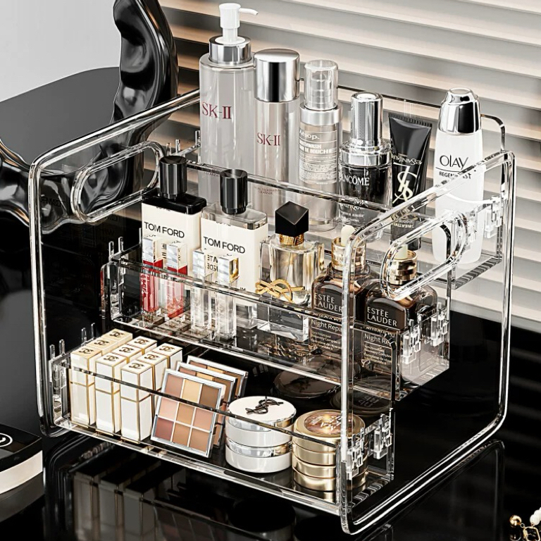 Mở rộng Nâng cấp 3 lớp Dụng cụ trang điểm Acrylic Nước hoa trong suốt Sơn móng tay Phấn mắt Giá trưng bày đa chức năng Máy tính để bàn Hộp đựng đồ trang điểm