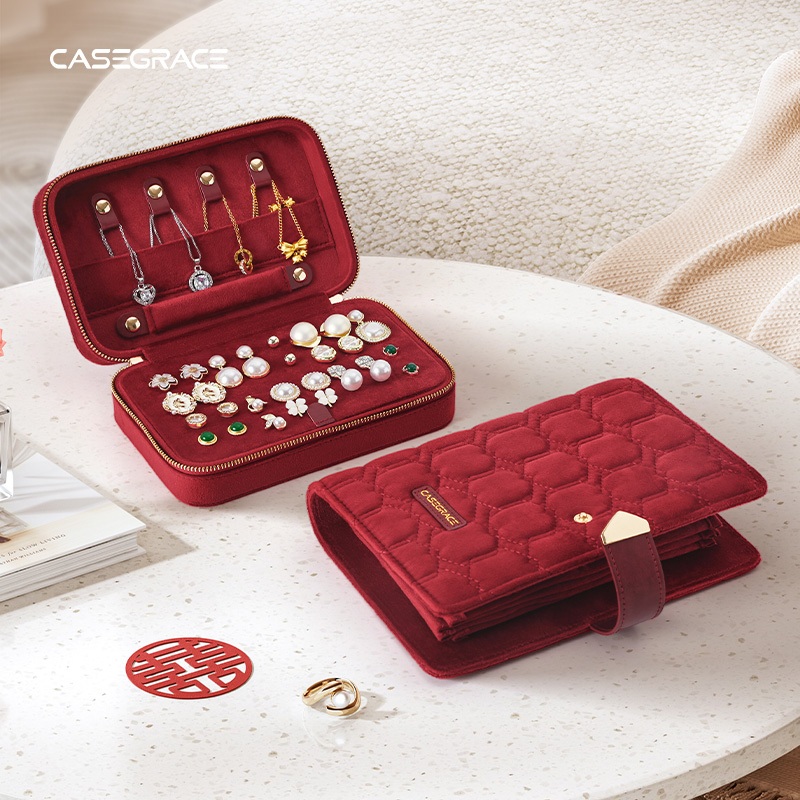 CASEGRACE Trang Sức Du Lịch Hộp Tổ Chức Trang Sức Nhỏ Túi Trang Sức Bảo Quản Sách Vòng Chất Kết Dính Có Dây Kéo Trong Suốt Túi Nhung Quà Tặng Đám Cưới