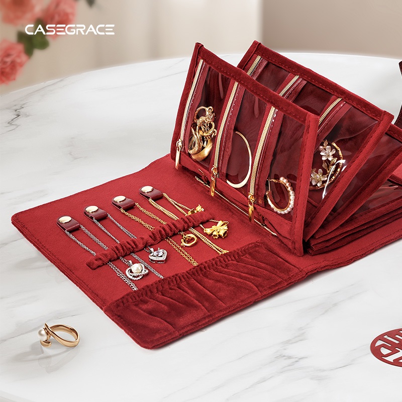 CASEGRACE Trang Sức Du Lịch Hộp Tổ Chức Trang Sức Nhỏ Túi Trang Sức Bảo Quản Sách Vòng Chất Kết Dính Có Dây Kéo Trong Suốt Túi Nhung Quà Tặng Đám Cưới