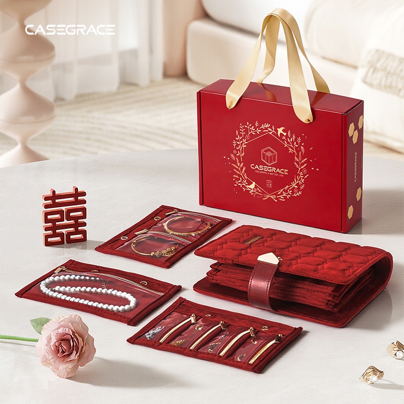 CASEGRACE Trang Sức Du Lịch Hộp Tổ Chức Trang Sức Nhỏ Túi Trang Sức Bảo Quản Sách Vòng Chất Kết Dính Có Dây Kéo Trong Suốt Túi Nhung Quà Tặng Đám Cưới