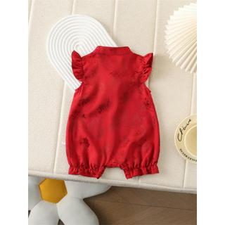 Áo liền quần Qipao Trung Quốc màu đỏ cho bé gái sơ sinh - Onesie tay xù mềm mại mượt có tua rua cho những dịp lễ hội (0-24M)