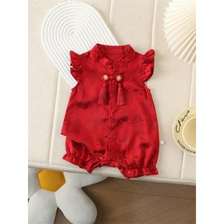 Áo liền quần Qipao Trung Quốc màu đỏ cho bé gái sơ sinh - Onesie tay xù mềm mại mượt có tua rua cho những dịp lễ hội (0-24M)