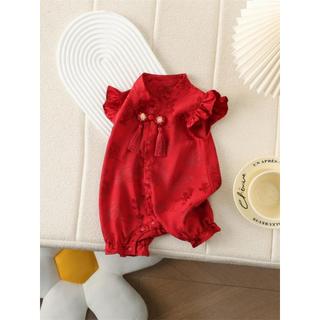 Áo liền quần Qipao Trung Quốc màu đỏ cho bé gái sơ sinh - Onesie tay xù mềm mại mượt có tua rua cho những dịp lễ hội (0-24M)