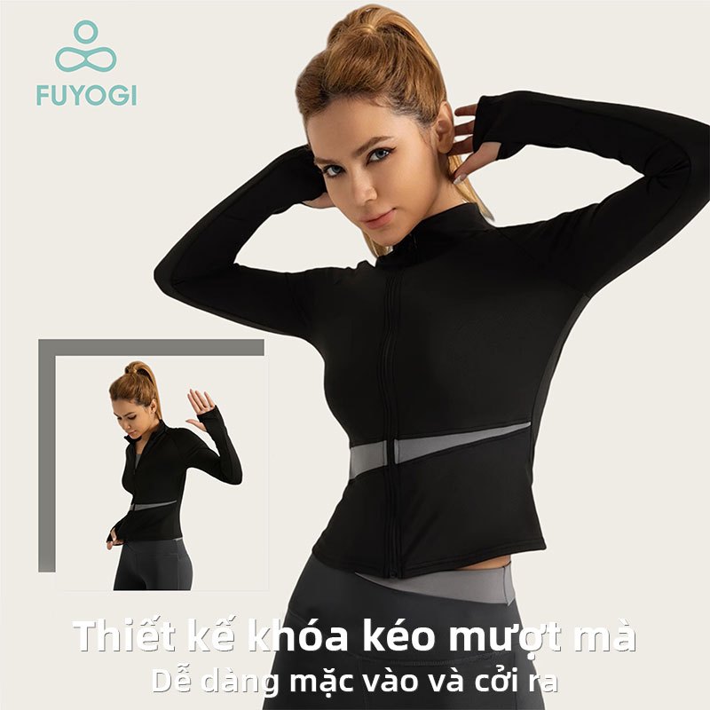 Áo khoác tập Yoga FUYOGI tay dài thoáng mát, co giãn tốt, thiết kế zipper hai màu tương phản