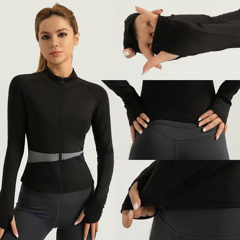 Áo khoác tập Yoga FUYOGI tay dài thoáng mát, co giãn tốt, thiết kế zipper hai màu tương phản