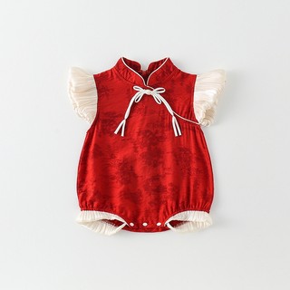Áo liền quần Qipao Trung Quốc màu đỏ cho bé gái sơ sinh - Onesie tay xù mềm mại mượt có thắt nút chi tiết cho các dịp lễ hội (0-24M)