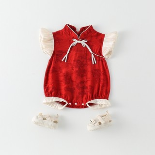 Áo liền quần Qipao Trung Quốc màu đỏ cho bé gái sơ sinh - Onesie tay xù mềm mại mượt có thắt nút chi tiết cho các dịp lễ hội (0-24M)