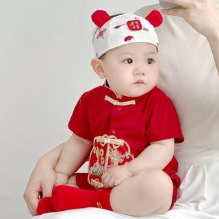 Áo liền quần truyền thống Trung Quốc màu đỏ cho bé trai sơ sinh - Bộ áo liền quần mềm mại mượt với nút thêu & ếch tốt lành (0-24M)