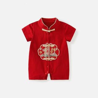 Áo liền quần truyền thống Trung Quốc màu đỏ cho bé trai sơ sinh - Bộ áo liền quần mềm mại mượt với nút thêu & ếch tốt lành (0-24M)