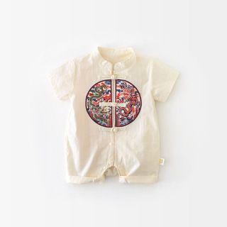 Áo liền quần truyền thống Trung Quốc màu be Unisex cho bé sơ sinh - Bộ áo liền quần thêu rồng mềm mượt có nút ếch cho các dịp lễ hội (0-24M)