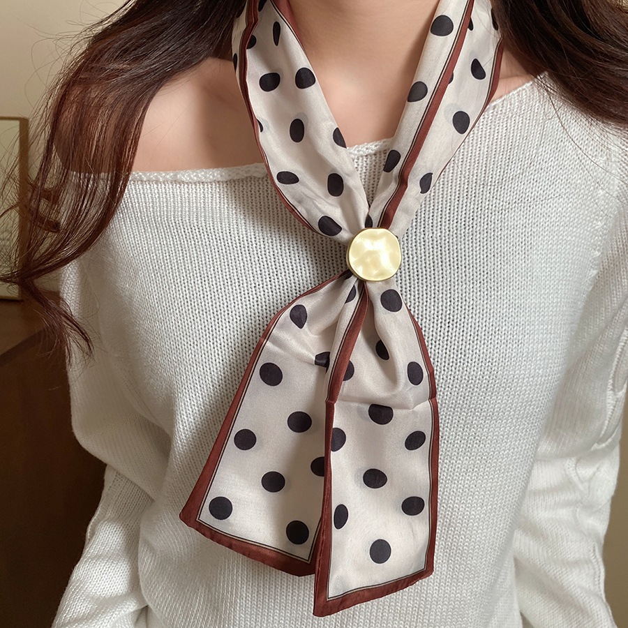 [Jewbeauty] Khăn quàng cổ retro chấm bi, vải lụa mềm mại với tua rua, thiết kế sang trọng và thanh lịch
