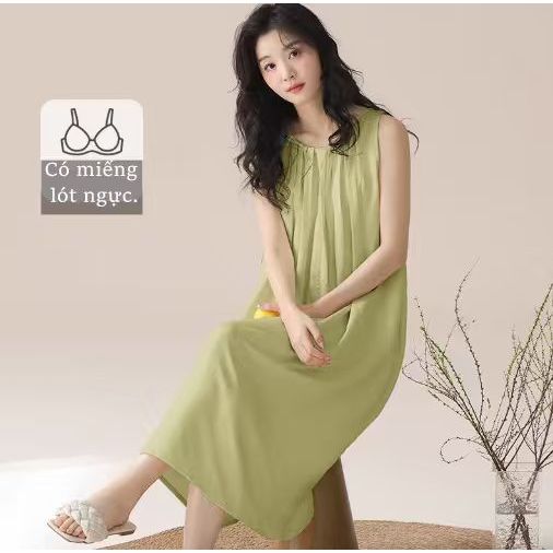 【Có độn ngực】Đầm ngủ nữ mới xuân hè 2026: Dáng không tay đơn giản thanh lịch, chất cotton mềm mại thoáng mát, thiết kế rộng rãi thoải mái【mặc nhà hay đi chơi đều đẹp】