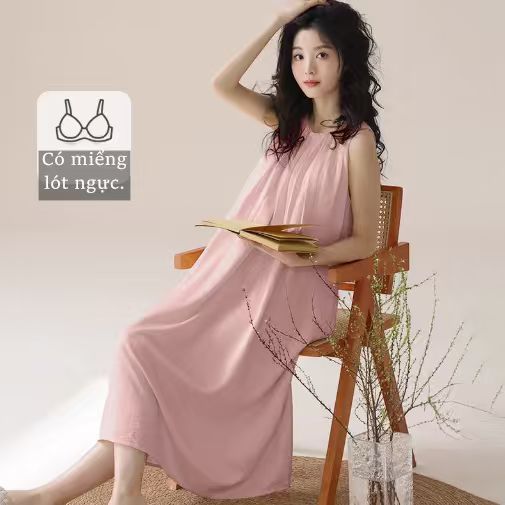 【Có độn ngực】Đầm ngủ nữ mới xuân hè 2026: Dáng không tay đơn giản thanh lịch, chất cotton mềm mại thoáng mát, thiết kế rộng rãi thoải mái【mặc nhà hay đi chơi đều đẹp】