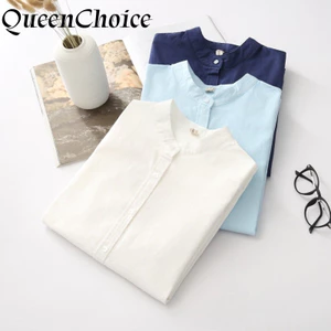 Áo Sơ Mi Nữ Vải Lanh Cotton Màu Trơn Nữ Cổ Đứng Trơn Sinh Viên Nhật Bản Áo Sơ Mi Hàng Đầu