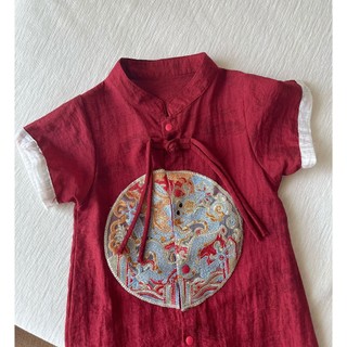 Bộ áo liền quần & mũ truyền thống Trung Quốc màu đỏ Unisex cho bé sơ sinh - Bộ áo liền quần họa tiết tốt lành mềm mại mượt với chi tiết "Fu" cho các dịp lễ hội (0-24M)
