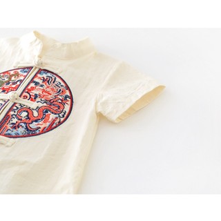 Áo liền quần truyền thống Trung Quốc màu be Unisex cho bé sơ sinh - Bộ áo liền quần thêu rồng mềm mượt có nút ếch cho các dịp lễ hội (0-24M)