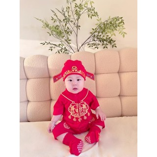 Bộ áo liền quần & mũ truyền thống Trung Quốc màu đỏ Unisex cho bé sơ sinh - Bộ áo liền quần họa tiết "Fu" mềm mại mượt cho các dịp lễ hội (0-24M)