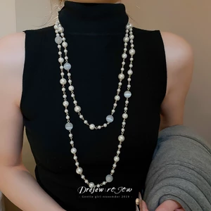 DREJEW Ngọc Trai Pháp Ngọc Trai Mèo Hạt Tròn Với Vòng Cổ Pha Lê Phong Cách Tòa Án Ánh Sáng Sang Trọng Và Dây Chuyền Áo Len Cao Cấp