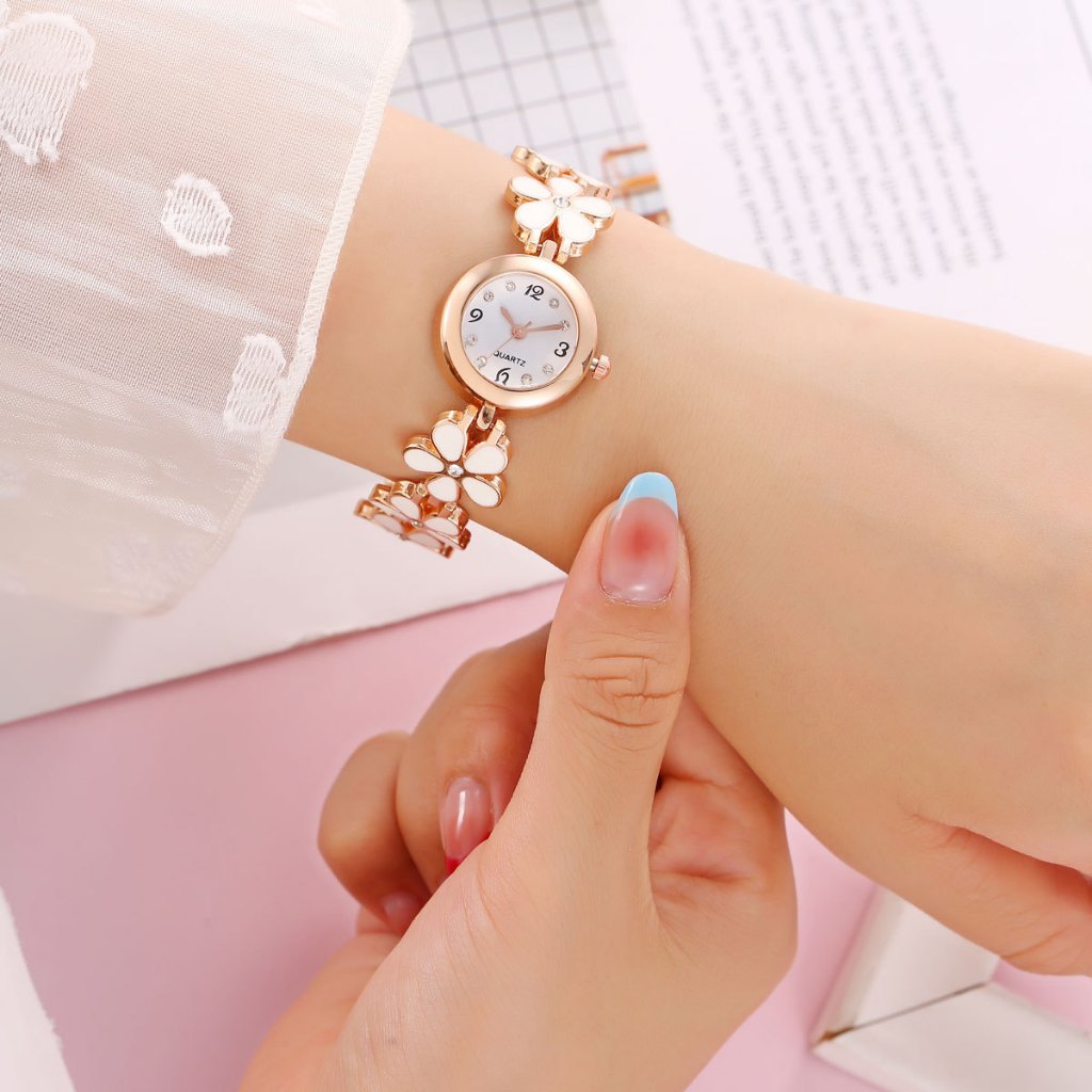 Bộ 5 Đồng Hồ Nữ Quà Tặng Kèm Vòng Tay Vòng Cổ Bông Tai Nhẫn Kim Cương Dây Kim Loại Đồng Hồ Nữ (Không Hộp)