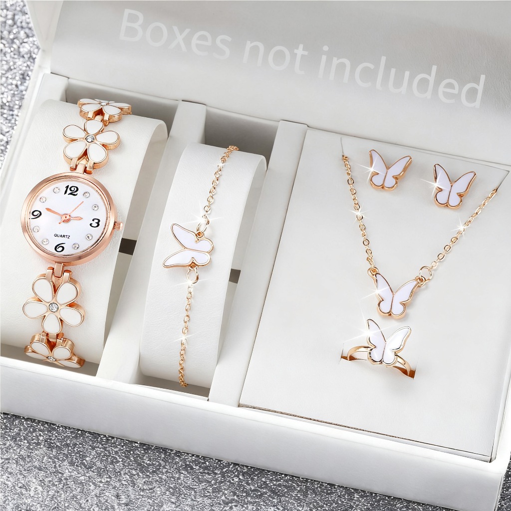 Bộ 5 Đồng Hồ Nữ Quà Tặng Kèm Vòng Tay Vòng Cổ Bông Tai Nhẫn Kim Cương Dây Kim Loại Đồng Hồ Nữ (Không Hộp)