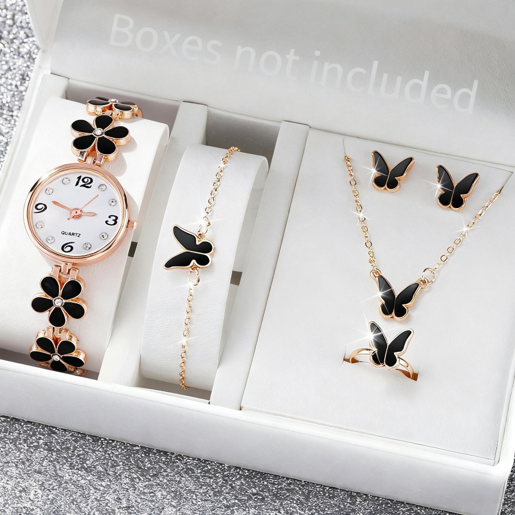 Bộ 5 Đồng Hồ Nữ Quà Tặng Kèm Vòng Tay Vòng Cổ Bông Tai Nhẫn Kim Cương Dây Kim Loại Đồng Hồ Nữ (Không Hộp)