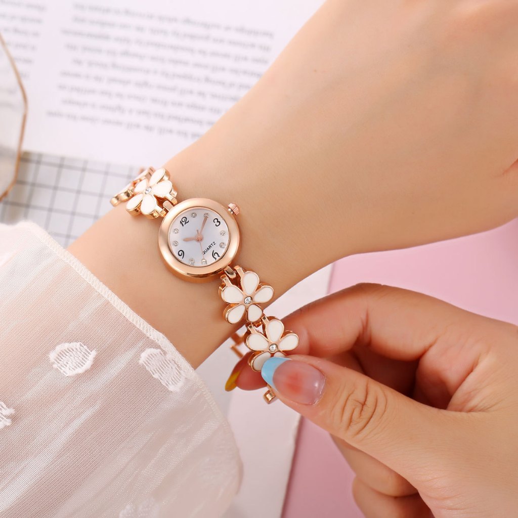 Bộ 5 Đồng Hồ Nữ Quà Tặng Kèm Vòng Tay Vòng Cổ Bông Tai Nhẫn Kim Cương Dây Kim Loại Đồng Hồ Nữ (Không Hộp)