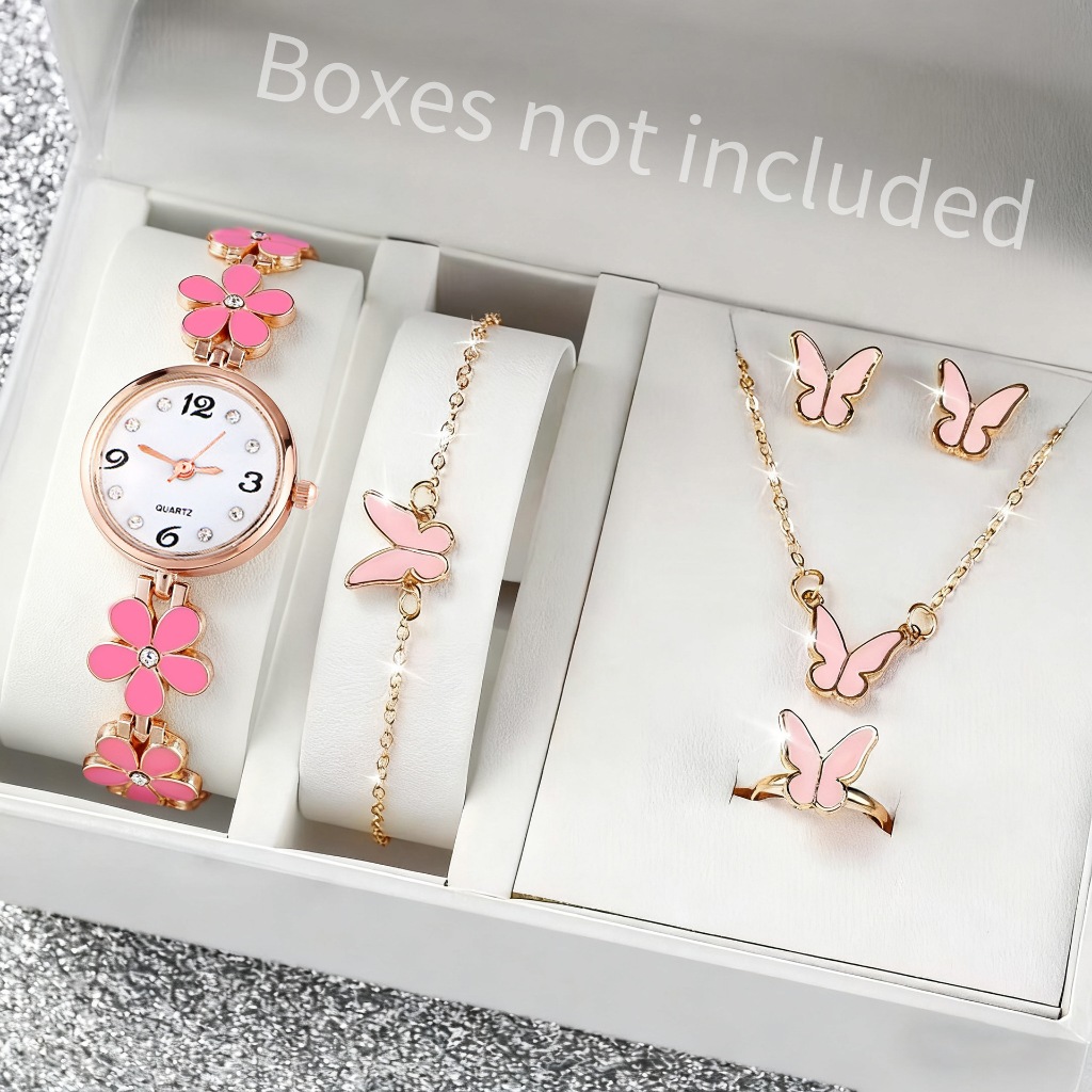 Bộ 5 Đồng Hồ Nữ Quà Tặng Kèm Vòng Tay Vòng Cổ Bông Tai Nhẫn Kim Cương Dây Kim Loại Đồng Hồ Nữ (Không Hộp)