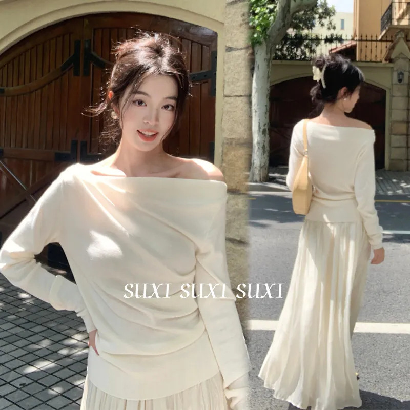 Suxi Casual Màu Trơn Đơn Giản Một Cổ Tắt Vai Slim Fit Áo Thun Dài Tay Nữ Top 241213