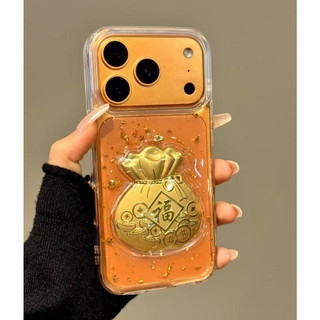 3D Lucky Fortune Túi Lấp Lánh Sequin Trong Suốt Ốp Lưng Điện Thoại iPhone 17Promax 17Pro 16Promax 11 12 13 14 15 Pro Max 16Plus Chống Sốc Nam Nữ Vỏ Di Động