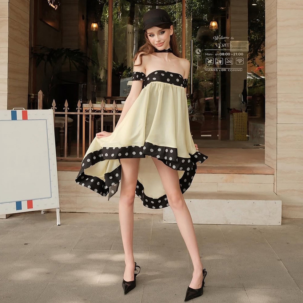 Klalien Đầm Viền Xù Không Đều Cho Nữ, Thiết Kế Chấm Bi In Chắp Vá, Phong Cách Cổ Không Tay Thanh Lịch và Sang Trọng