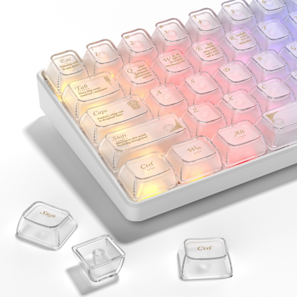 Baroque frosted jelly clear keycaps set arranged on a mechanical keyboard for a stylish desk setup