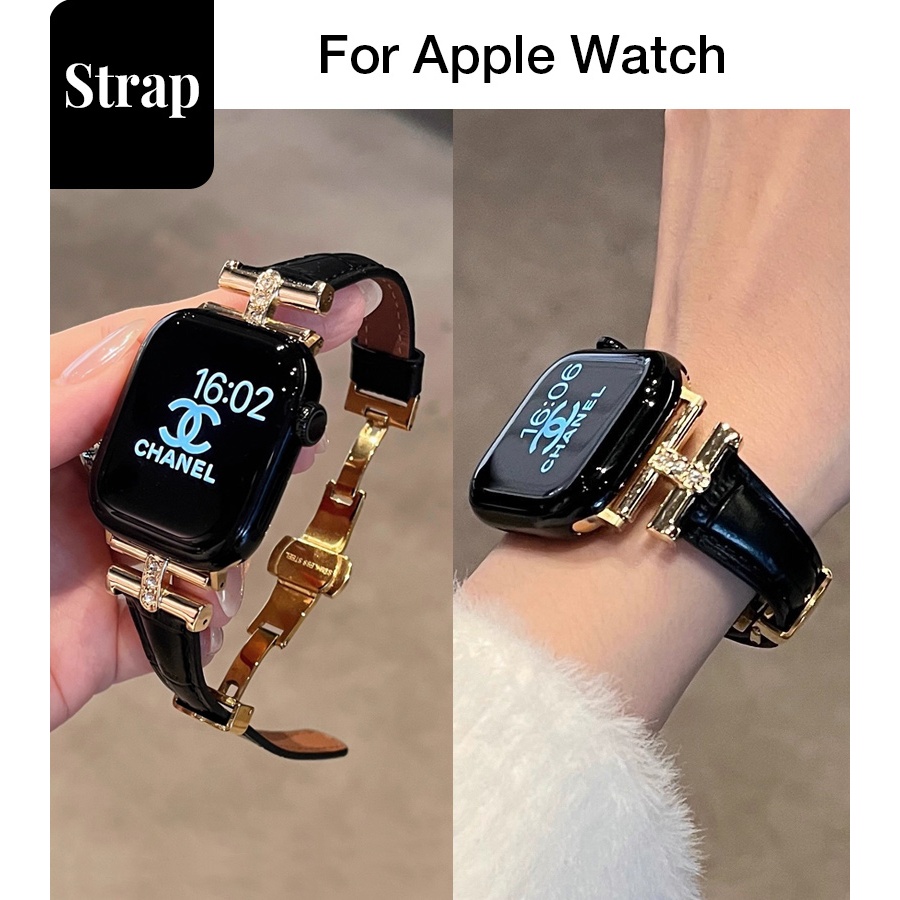 Nữ Hình Chữ T Họa Tiết Cá Sấu Khóa Bướm Dây Da Thật Thích Hợp Cho Apple Watch S11 SE3 Ultra3 S10 S9 S8 SE S7 S6 Ultra 49mm 46mm 42mm 40mm 44mm 41mm 45mm Dây Đeo Tay