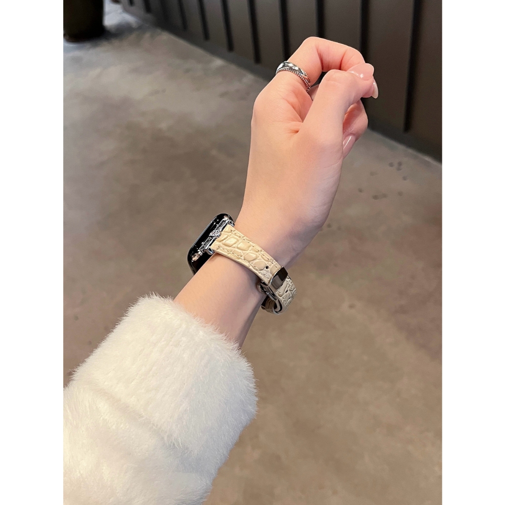Nữ Hình Chữ T Họa Tiết Cá Sấu Khóa Bướm Dây Da Thật Thích Hợp Cho Apple Watch S11 SE3 Ultra3 S10 S9 S8 SE S7 S6 Ultra 49mm 46mm 42mm 40mm 44mm 41mm 45mm Dây Đeo Tay