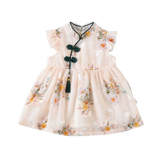 Đầm Qipao Trung Quốc hoa cho bé gái sơ sinh - Váy lễ hội mềm mượt có nút ếch & tua rua (0-24M)