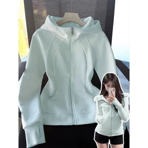 Áo trùm đầu màu trơn nữ eo cinching giảm béo dài tay