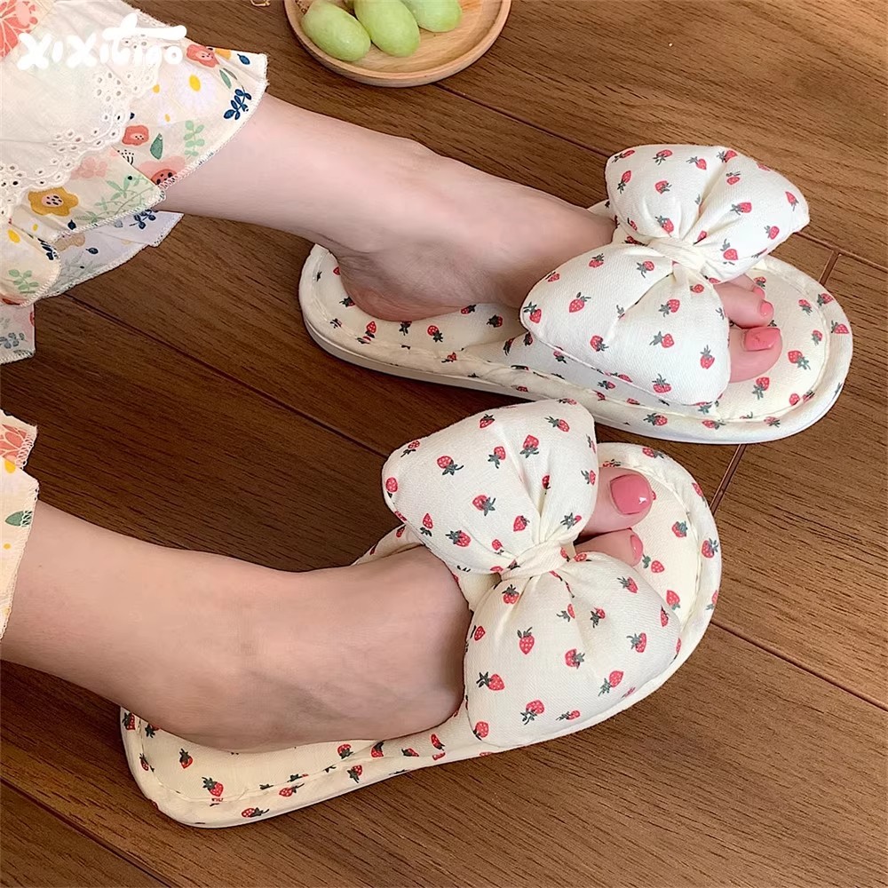 XIXITIAO Dép Casual Thoải Mái Nữ Dễ Thương Bốn Mùa Vải Lanh Đa Năng Nơ Hoa