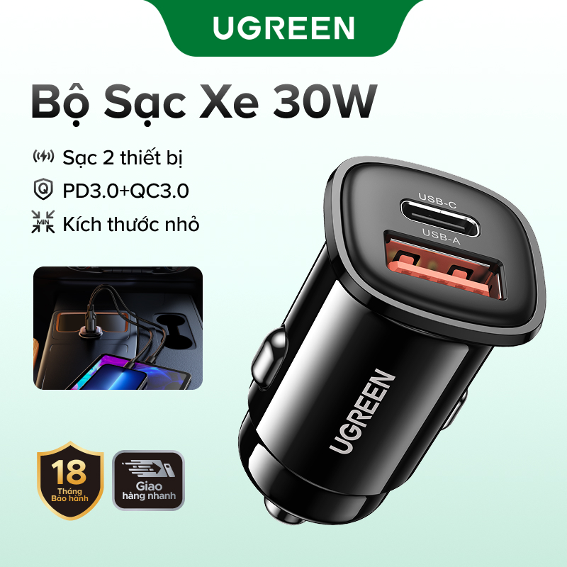 Tẩu sạc UGREEN USB-C USB-A sạc nhanh ô tô hai cổng 30W thích hợp cho Xiaomi 12/ Samsung S20 S21/ iPhone 12 13 14 15 Pro Max