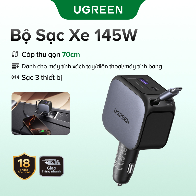 UGREEN 60W / 90W / 145W Sạc Xe Hơi PD60W Sạc Nhanh USB-C Cáp Có Thể Thu Vào Cho iPhone 16 Pro Max Samsung S25 / S24 Macbook Air SUV Xe Tải Laptop Điện Thoại Máy Tính Bảng