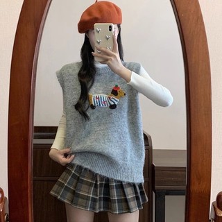 Áo vest dệt kim hoạt hình nữ dáng rộng và giảm béo không tay