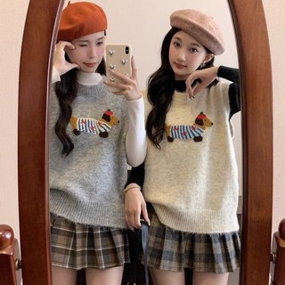 Áo vest dệt kim hoạt hình nữ dáng rộng và giảm béo không tay